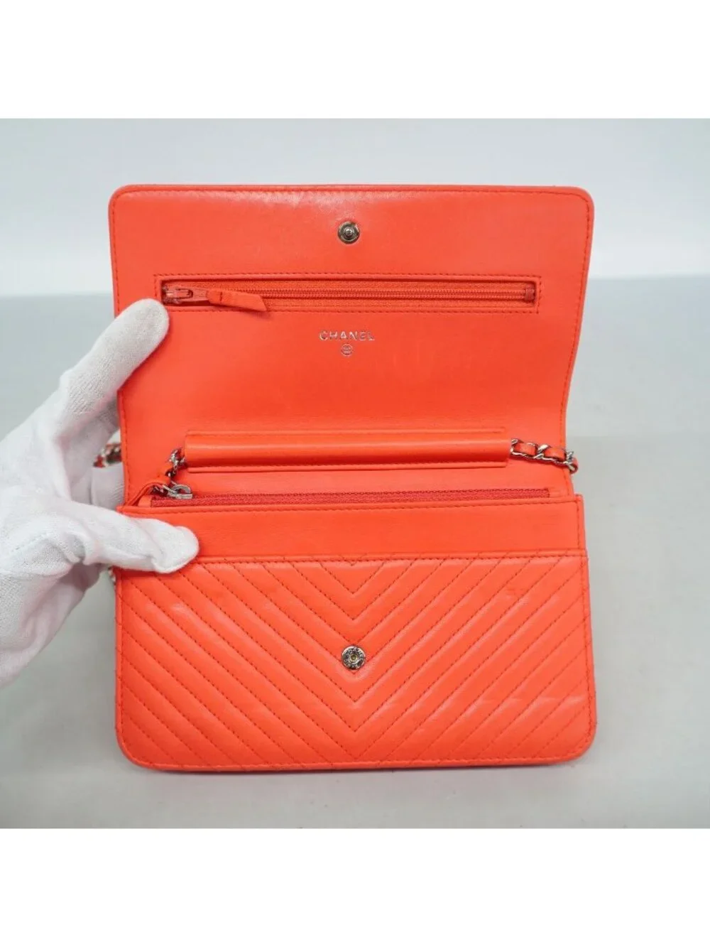 Chanel Wallet on Chain V-stitch Lambskin Orange Silver Shoulder Bag